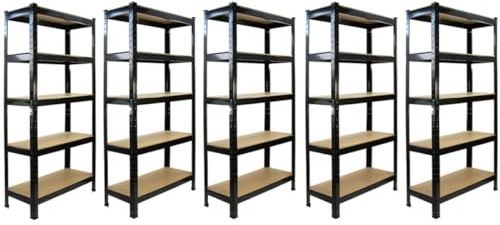 5 x Blue Racking Bay Unit 5 Tier Heavy Duty Steel Metal 150kg capacity Per Shelf Garage Shelves Storage Warehouse Shed Workshop Boltless Shelving 75cm x 150cm x 30cm
