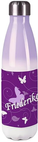 CreaDesign, Edelstahl Trinkflasche Kinder personalisiert Schmetterling Lila, Lila Thermoflasche Kinder 500ml, Wasserflasche auslaufsicher, für kohlensäurehaltige Getränke