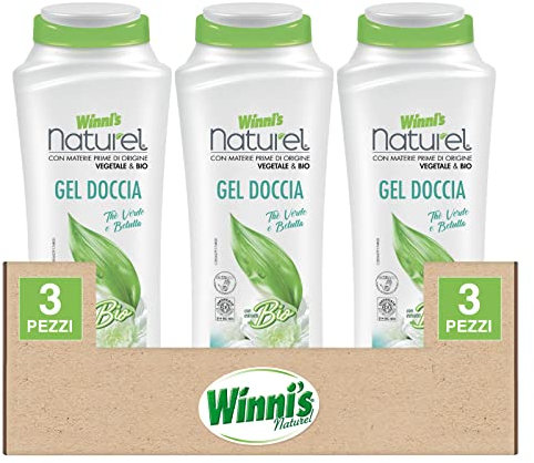 Winni's Naturel Gel Doccia Bio Ipoallergenico Detergente Corpo per Igiene Morbidezza della Cute Dermocompatibile per Pelli Sensibili Fragranza Thè Verde e Betulla - 3 Flaconi da 250ml