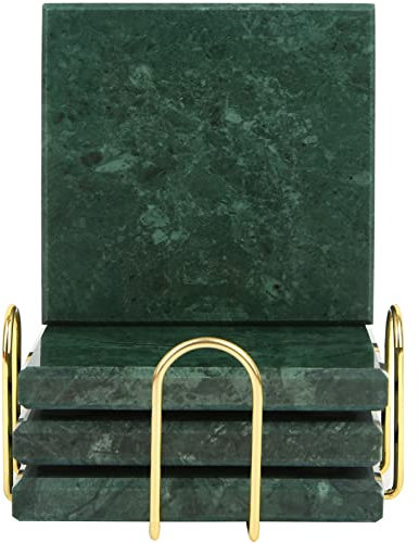 TransMarble Lot de 4 dessous de verre carrés pour boissons avec support en métal, fabriqués en marbre naturel sélectionné comme articles de décoration d'intérieur de luxe (vert émeraude)