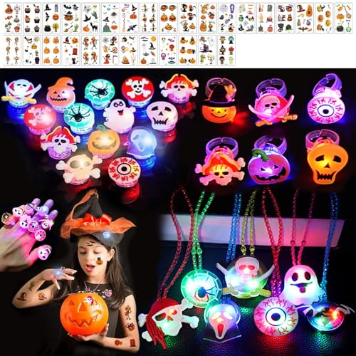 Halloween Mitgebsel Kind, 48 Stück LED Ring Armband, Halloween Party Favors Spielzeug Geschenke, LED Leuchtspielzeug Partyartikel für Give Aways