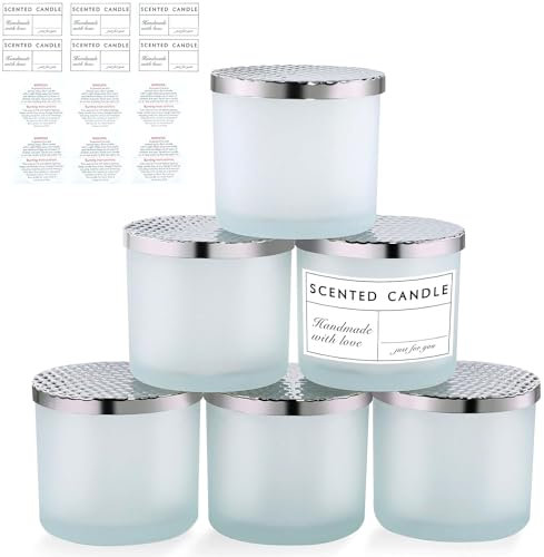 Amorxiao 6 Stück Milchglas Kerzengläser, 460 ml Kerzenglas mit Metallabdeckung und Klebrige Warnetiketten, Leere Kerzengläser für die Herstellung von Kerzen