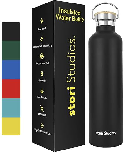 Stori Studios Stainless Steel Water Bottle 1l, Black Water Bottle, Insulated Water Bottle, Metal Water Bottle, BPA Free Water Bottle, Leakproof Water Bottle, Reusable Water Bottle – Black