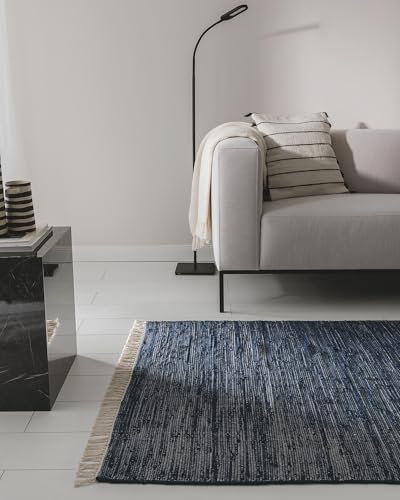 benuta Basic Baumwollteppich Tom - Dunkelblau 80x150 cm - Handgewebter Wohnzimmer Teppich - 100% Recycelte Baumwolle - Für Fußbodenheizung geeignet