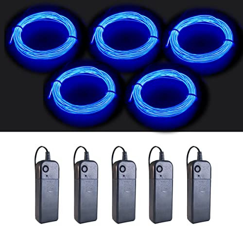 MaxLax EL Wire Blue 5er-Pack, 2,75 m Neon-Lichtdraht mit Rauschunterdrückung und Akku-Pack