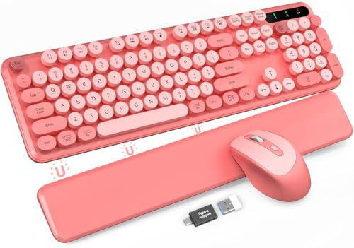 Wireless Keyboard and Mouse Combo, Blush Pink for Aesthetic Desk, Magnetic Wrist Rest, Full-Size Retro Typewriter Keyboard with Round Keycaps, Sleep Mode, 2.4GHz Cordless for Mac/Windows/PC, Trueque