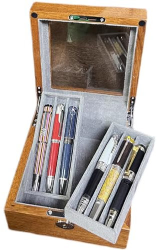 GLJTUO Wood Pen Display Box, 6 Pen Organizer Box, With Glass Window & Drawer, 2 Ink Bottle Storage Slots, Double Layer Tray, Luxury Fountain Pen Storage Box, For Shop Or Home