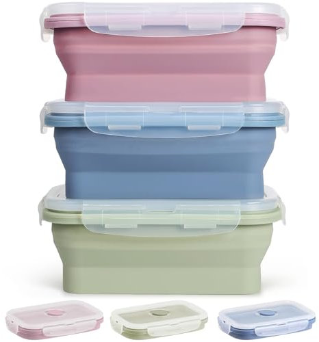 Hooolee® 3 Stück Silikon Faltbare Brotdose, 550ml Frischhaltedosen mit Deckel Bento Box Faltbare Frischhaltedosen Behälter für Mikrowelle, Kühl- und Gefrierschrank, Lunchbox