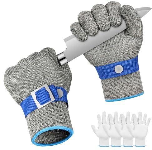 flintronic 2 Stück Schnittschutzhandschuh, Schnittschutzhandschuh aus Edelstahl mit 4 Baumwoll Handschuh, Level 9 Schnittfeste Handschuhe, Kettenhandschuh, Austernhandschuh, Küchenhandschuhe (XL)