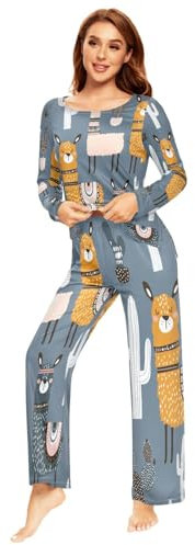 Ksajwzf Damen-Pyjama-Set, Alpaka, Lama, Kaktus, langärmelig, Oberteil, Hose, 2-teilig, Loungewear, Nachtwäsche, weiche Nachtwäsche, Multi, XL