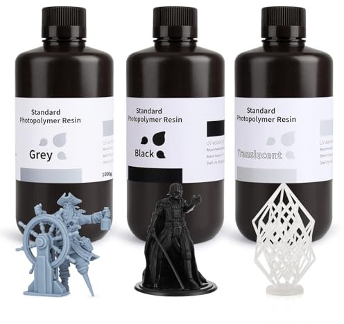 ELEGOO 3D Drucker Resin, UV 405nm Standard Resin mit Hohe Präzision und Schnelle UV-Härtung für MSLA/DLP/LCD 3D Drucker, Flüssige 3D-Druckmaterialien, Grau+Schwarz+Transluzent 3pcs x 1000g