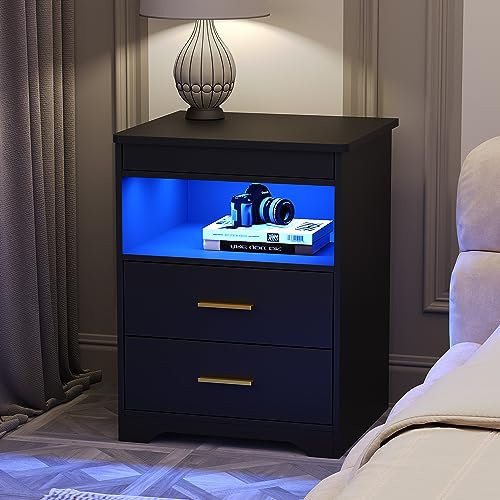 FREDEES Intelligenter LED-Nachtisch mit Verstecktem Schublade, Nachttisch mit Ladestation und 3 Farben Menschensensorlichter, Moderner Nachttisch mit Stauraum Schwarz