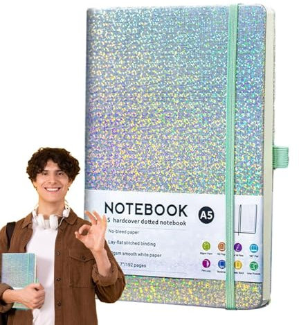 Glitzer-Notizbuch 2025, A5, akademischer Terminplaner 2025, 160 linierte Seiten, Tagebuch, Hardcover, Notizbücher mit Bandage zum Schreiben, Tagesplaner 2025–2026 mit bunten Seitenteilen, monatliche