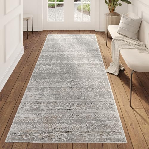 TAPISO Valley Teppichläufer Vintage, Kurzflor Hellgrau Blumen Streifen Used Effekt Meliert Verwischt, für Flur, Wohnzimmer, Schlafzimmer, Esszimmer – Eleganter TeppichLäufer – 80 x 400 cm