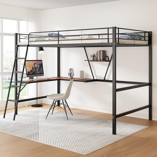 Arhatreya Hochbett 90x200 cm, Kinderbett mit Gitter, Eisenbett mit L-förmigem Schreibtisch, Metallbett mit einem Regal, für Kinder Jugendliche und Erwachsene, Schwarz(Ohne Matratze)