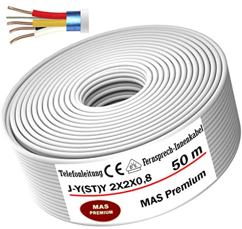 MAS Premium Von 5 bis 250m Telekommunikationskabel J-Y(ST) Y 2_4_6X2X0,8 Telefonleitung Klingelleitung Fernmeldeleitung (J-Y(ST) Y 2X2X0,8, 50m)