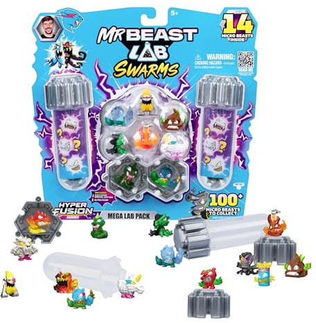 MrBeast Lab Swarms Hyper Fusion-Serie, über 100 einzigartige Hyper Fusion Swarms zum Sammeln, Mega-Laborpackung mit 14 Mini-Monstern, 14 Sammelstickern & 4 Fusions-Kapseln für Dein eigenes