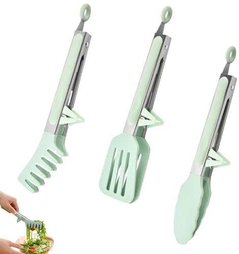 3 Stück Küchenzange Edelstahl Zange Küche mit Silikonspitzen Grün Grillzange für Spaghetti,Steak,Kuchen,Pizza,Salat,Gemüse,Obst,Grillbuffet