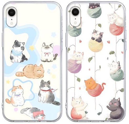 Phoona 2 Stück Handyhülle für iPhone XR Hülle 6,1, Katze Glitzer Motiv Aesthetic Muster Silikon Weiche TPU Ultra Dünn Durchsichtig Schutzhülle Kratzfeste Stoßfest Bumper Case für Mädchen,18