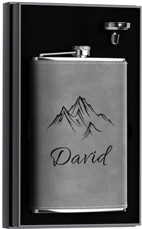 Flachmann mit Gravur Berge, Personalisiertes Edelstahl Flachmann 12oz/355ml für Jagd, Reisen, Wandern, Klettern (Grau)