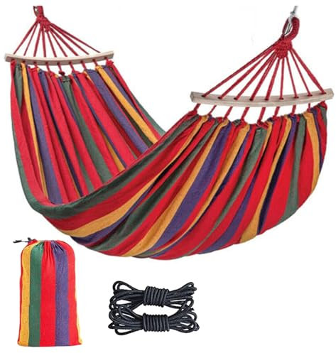 Sadodo Camping Hammock with Spreader Bars,2-Man Large Size Hammock Outdoor,Thickened Durable Canvas Fabric Metal Knot 550lbs,for Backyard,Garden,Beach,Lying Erea 195x150cm,Rainbow Colour