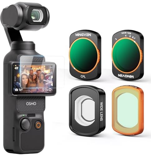 MINGVEN Magnetic Wide Angle Lens + Black Diffusion 1/4 + CPL + ND4-128 Filters Set for DJI Osmo Pocket 3, 4 Pack (Wide-Angle Lens, CPL, Black Diffusion 1/4, VND 2-7 Stops Filter)