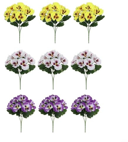 UTTASU Artificial Pansy Flowers Set, 9 UV-Resistant Stems In Yellow, Purple, White,Vibrant Summer Decor For Indoor Outdoor Use - Realistic Plastic Blooms
