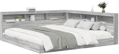 vidaXL Bücherregal-Bett in Grau Sonoma, 180 x 200 cm, aus Ingenieurholz. Minimalistisches Design, viel Stauraum, ideal für drinnen. Platzsparend für das Schlafzimmer, modern und praktisch.