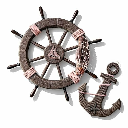 Nautical Ship Wheel Wall Decor, Rustic Boat Steering Anchor Wheel with Fishing Net Rudder Hanging Ornament, Mediterranean Pirate Captain Nautical Wall Sculpture for Home Beach Theme Nauticals Decor