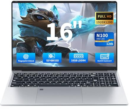 Ordenador Portátil 16 Pulgadas Alder Lake N100 de 12.ª Gen, PC Portatil 16GB RAM 512GB SSD, Pantalla IPS 1920 x 1200 Laptop Win11, Wi-Fi 5, BT5.0, USB 3.0*2, Teclado Retroiluminado y Batería 6000mAh.