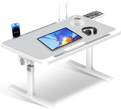Soontrans Mesa para Cama 60 x 40 CM, Mesa Cama con Ventilador, Cajón, Ranura para Tablet, Regulable en Altura y Ángulo, para Sofa, Suelo, Trabajar, Estudiar, Leer (Gris Claro)