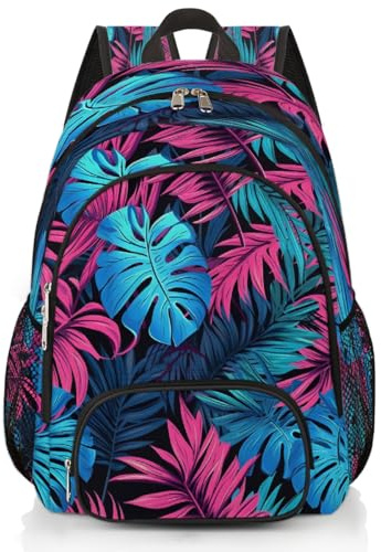 Mexpekil Sac à dos d'école pour enfants motif feuilles de palmier tropicales rose bleu pour garçons filles enfants sac à dos pour ordinateur portable sac à dos décontracté pour femme homme