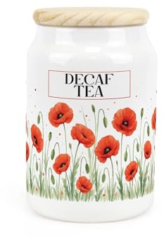 Summer Poppies Decaf Tea Canister - Red & Green Floral Homeware Gifts - Refillable Ceramic Storage Container & Wooden Lid 600ml (14.5cm x 9.5cm)