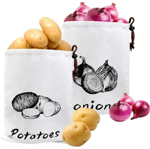 2 Stück Kartoffeln Zwiebeln Aufbewahrung Sack,Zwiebel Aufbewahrung Gemüsesack aus Canvas,Baumwolle Kartoffelsack mit Kordelzug,für Küche, Kartoffeln, Zwiebeln, Knoblauch Frisch Halten(26x35 cm)