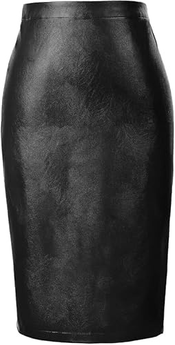 Belle Poque Damen Bleistiftrock Hohe Taille Midirock Knielang Lederrock | Mittlerer Rückenschlitz am Saum, Moderate Elastizität, eleganter Midirock, Büro und Freizeit, für Herbst und Winter