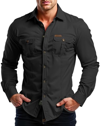 Misfuso Chemises Homme Manches Longues Randonnée Cowboy Extérieur | Col Classique Tenue Tactique Usage Extérieur Travail Look Safari Uni et Décontracté 2 Poches