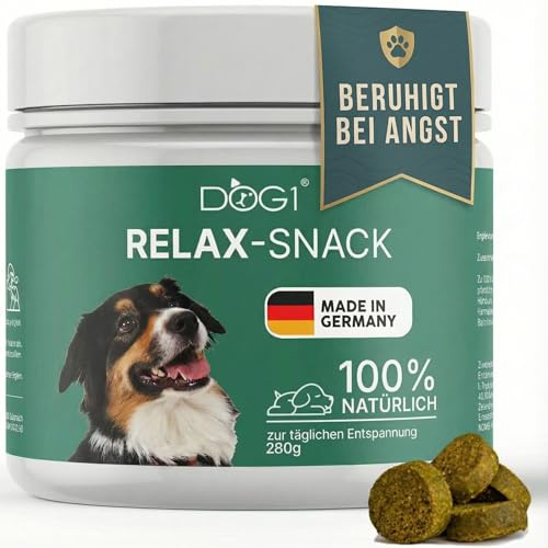 DOG1 Beruhigungsmittel für Hunde mit Baldrian, Ashwagandha & L-Tryptophan | Beruhigungssnack natürlich gegen Stress, Angst & Unruhe, für Silvester, Autofahrt & Gewitter, 280 g, Made in Germany