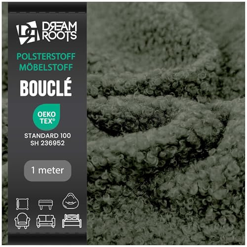 DreamRoots Bouclé Möbelstoff Meterware, Dunkelgrün, 1 m | Polsterstoff, 315 g/m², 80.000+ Martindale, UV- & feuerresistent, ideal für Sofa, Sessel, Kissen, DIY Projekte
