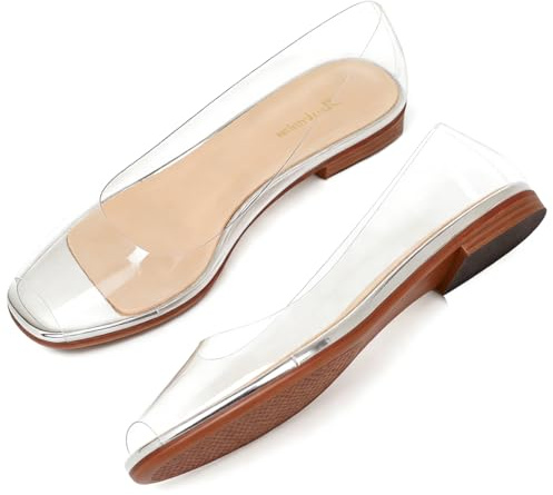Dystralix Women Clear Flats Shoes Open Peep Toe Slip On Transparent Sandals Pumps Flat PVC Heels Crystal Pumps Office Wedding Party Dressy Summer Casual Ballet Flats Peep-Toe Flat-Clear Size 11