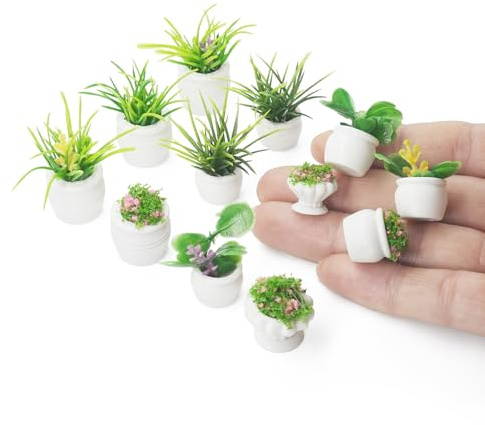 Odoria Dollhouse Potted Plants Miniature: 12Pcs 1/12 Scale Flower Pots Bonsai Artificial Greenery Succulent for Tabletop Garden Diorama - Mini Fake Props DIY Model Craft Porch Balcony Outdoor
