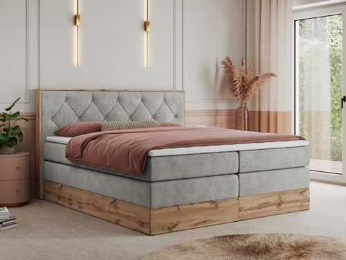 MKS MEBLE King Boxspringbett 180x200 mit Kopfteil und Bettkasten, Polsterbett mit Matratze H3 und Topper Visco, Wotan Eiche Dekor - Hellgrau Strukture - Veneto King