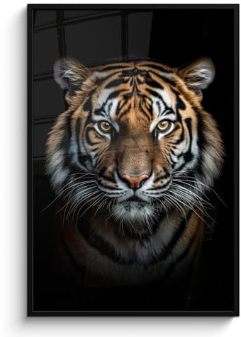 MuchoWow© Bilderrahmen Gemälde Mit Rahmen Fotorahmen Posterleiste | 80x120 cm - Fotogeschenke Wand Deko Zimmer Geschenk Wandbilder Tiger - Tiere - Schwarz - Porträt