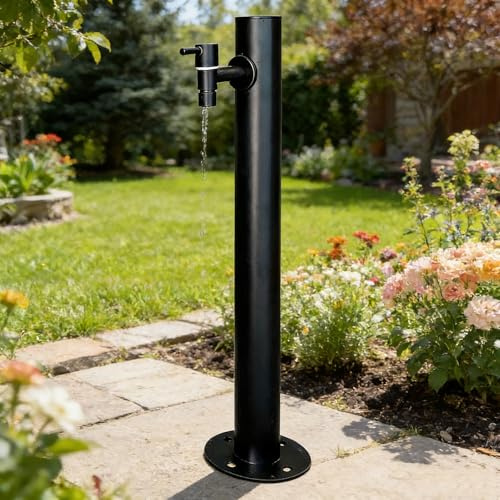 Colonne de fontaine d'eau de jardin, avec robinet, station de tuyau rond, 60/80/95 cm de haut, robinet sur pied extérieur noir, bouche d'eau extérieure verticale(Style 4,Height: 60cm/23.6in)