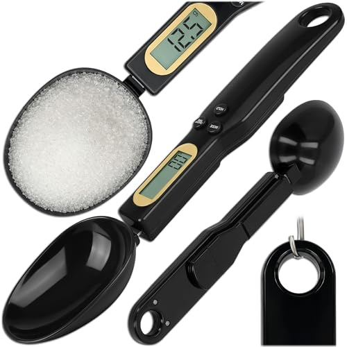 KRUMAD Digitale Löffelwaage, Waage Küche, Kochwaage, Lebensmittelwaage | Präzise auf 0,1 g, bis 500 g mit LCD-Display 3,7V, HOLD/TARE, zum Aufhängen, 0°C – 40°C, für Gewürze, Kaffee, Schwarz