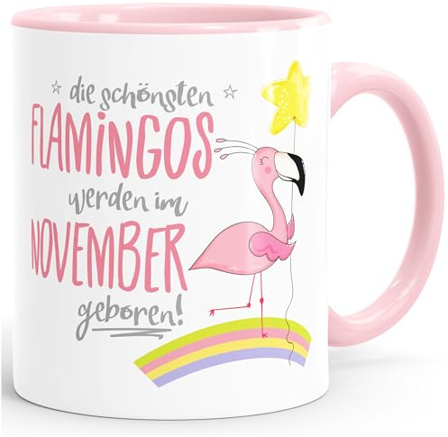 MoonWorks Geschenk-Tasse die schönsten Flamingos werden im (style_variation) geboren Geburtstags-Tasse Geburtstmonat Wunschmonat Kaffee-Tasse Rosa unisize
