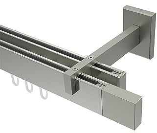 INTERDECO Innenlauf-Gardinenstange eckig 14 x 35 mm 2-läufig, kantige Innenlaufstange aus Metall, Edelstahl-Optik, zur Wandmontage, Typ 10212922, 180 cm