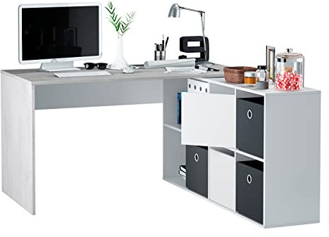 Habitdesign Escritorio Multiposición Reversible, Mesa Estudio, Mesa PC, Modelo Adapta XL, Acabado en Blanco Artik y Gris Cemento, 74 x 136 x 139 cm