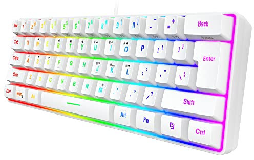 Snpurdiri K60 60% Gaming Keyboard, 61 Keys Multi Color RGB Illuminated LED Backlit Wired, Waterproof Mini Compact, for PC/Mac Gamer, Typist, Travel, white