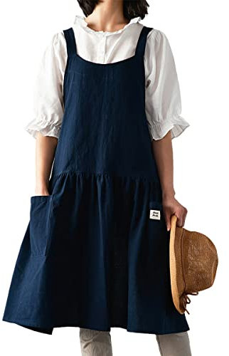 Barrageon Weiblich Küchenschürze Arbeitsschürze Lässig Baumwolle Leinen Schürze Garten Arbeit Kleid Backen Zuhause Küche Kochen Catering Kommerzielles Restaurant 2 Taschen(Navy Blau)