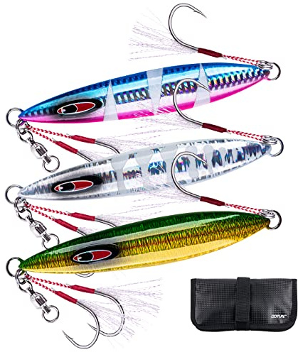 Goture Glow Slow Pitch Jigs mit tragbarer Jig-Tasche, Doppelhilfe-Haken, Angelblei, Salzwasser-Jigging-Köder für Thunfisch, Hundezahn, Bluefin, 3 Gewichte (100 g/150 g/250 g) und 250 g) und 3 g)